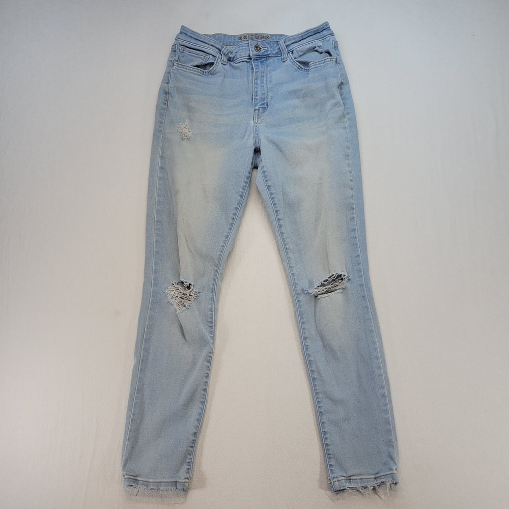 Arizona Skinny Jeans Womens 11 Light Blue Distressed Frayed Hem High Rise